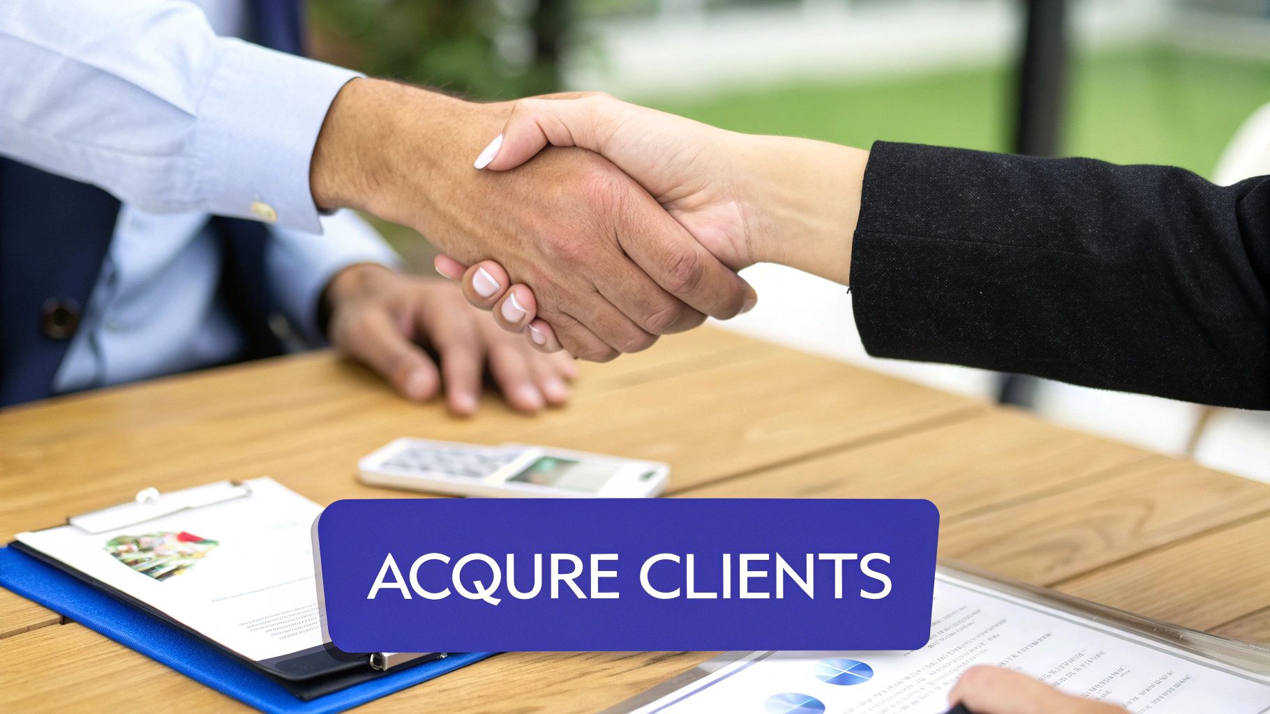 Business professionals shaking hands over a wooden table, emphasizing client acquisition with 'ACQUIRE CLIENTS' text.