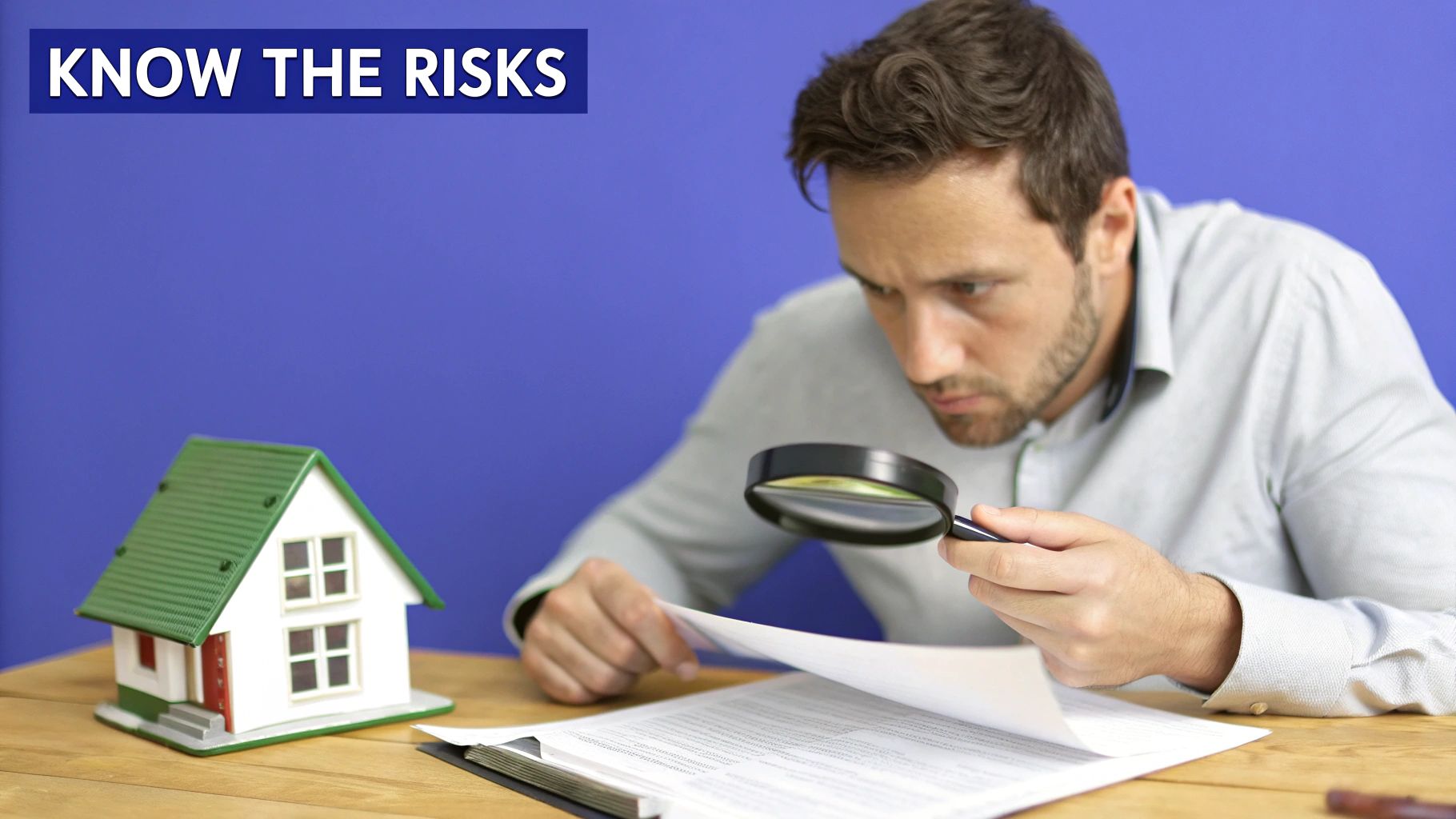 A magnifying glass hovering over a real estate contract, highlighting the fine print and potential risks.