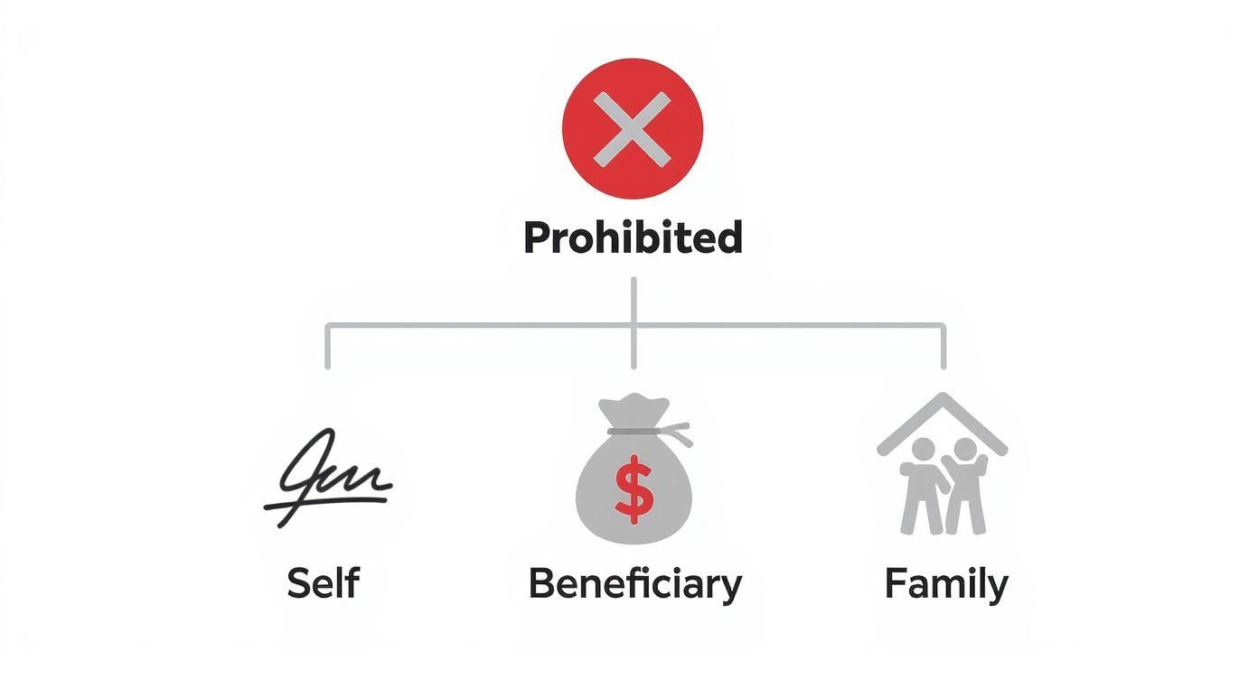 Diagram showing prohibited actions for self, beneficiaries, and family members.