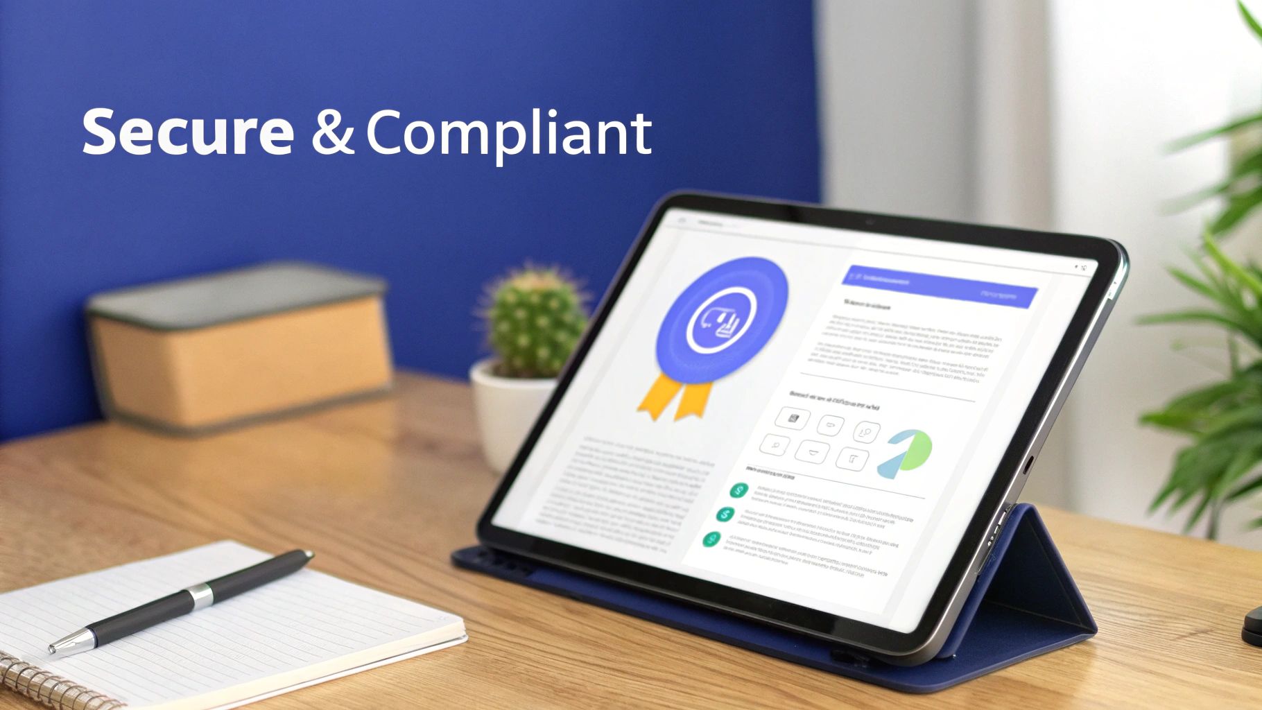 A digital security shield icon over a document, symbolizing compliance and protection.