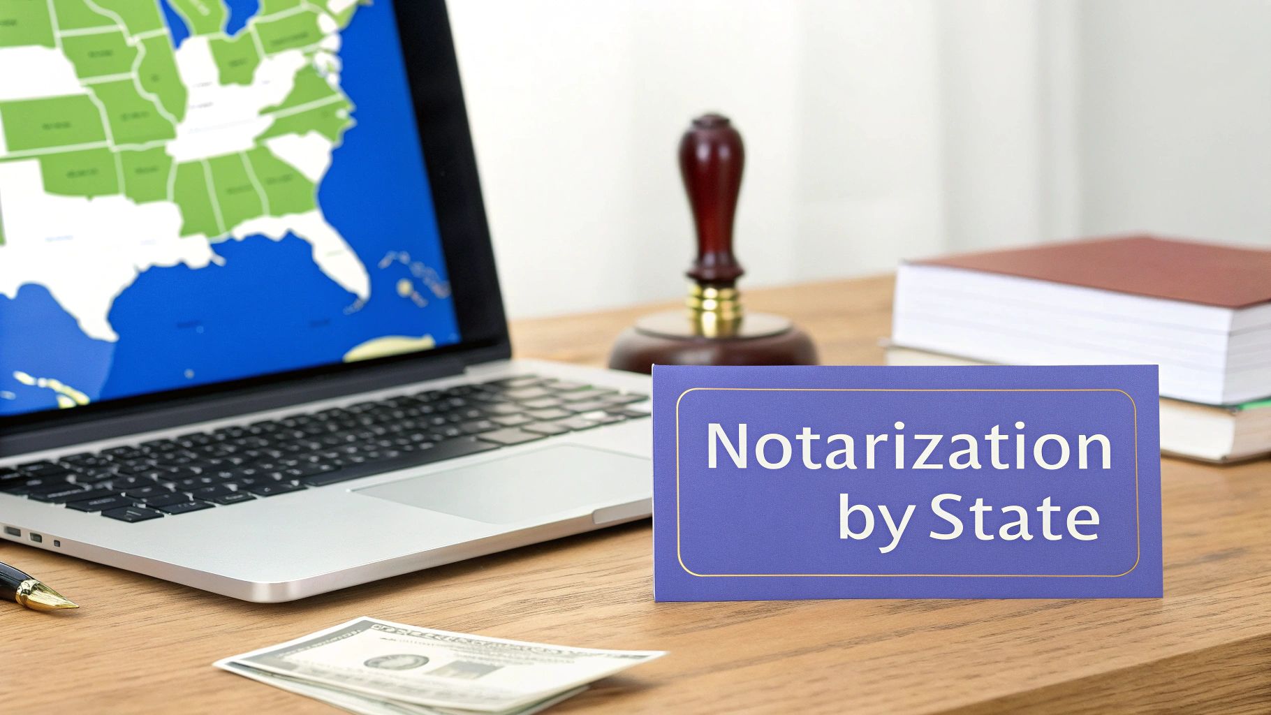 Laptop displaying map with notary stamp and documents on wooden desk for state notarization services