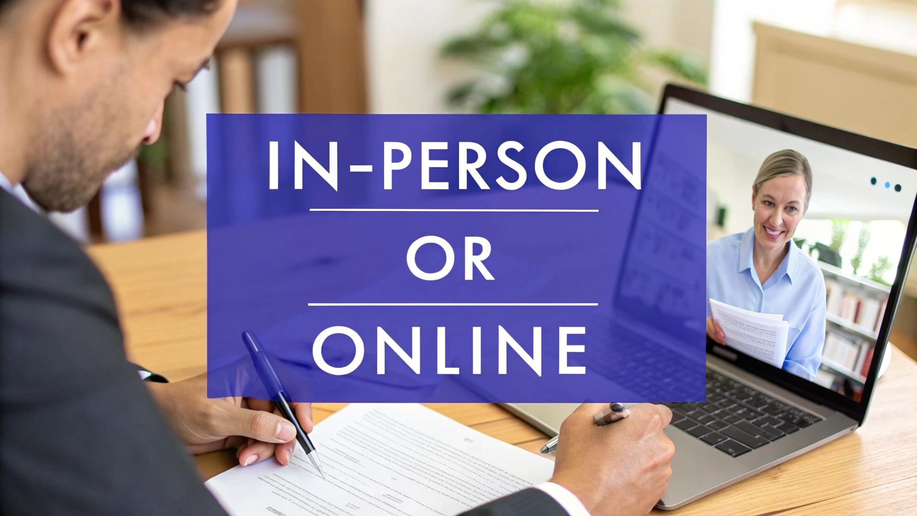 A person on a video call with a notary, illustrating the remote online notarization process.