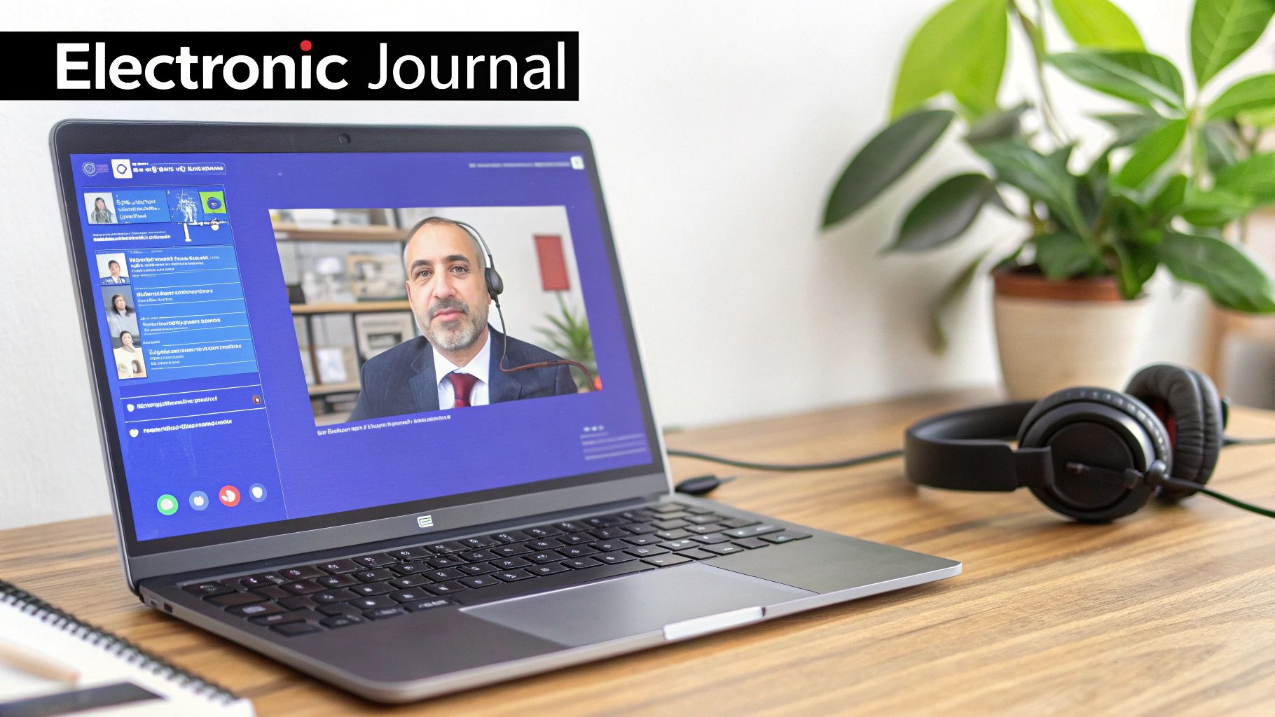 A laptop on a wooden desk displaying a video call with a man, and headphones next to it.