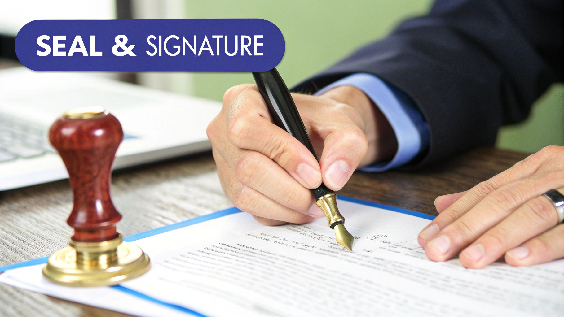 A person's hands are shown stamping a document with a notary seal, illustrating the traditional notarization process.