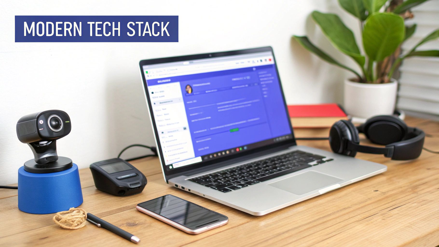 A modern tech stack setup on a wooden desk with a laptop, webcam, smartphone, and headphones.
