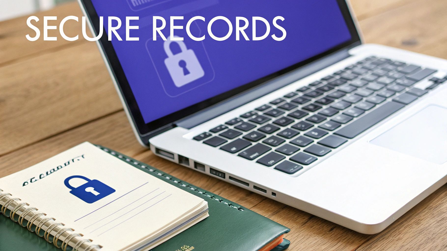 Laptop displaying secure records with padlock icon next to notebook on wooden desk