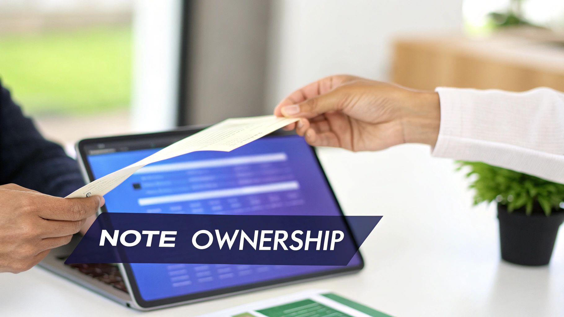 A visual representation of documents changing hands, symbolizing the sale of a mortgage promissory note.