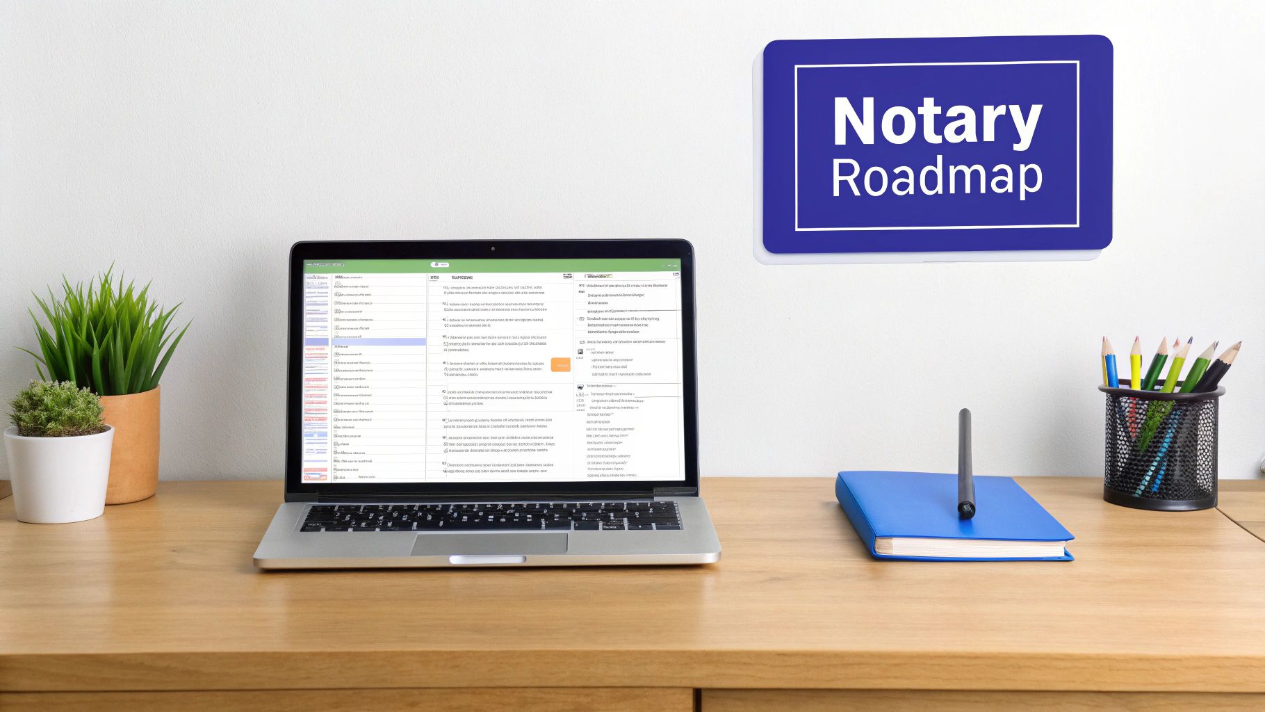 A person carefully reviewing an official state document on a wooden desk.