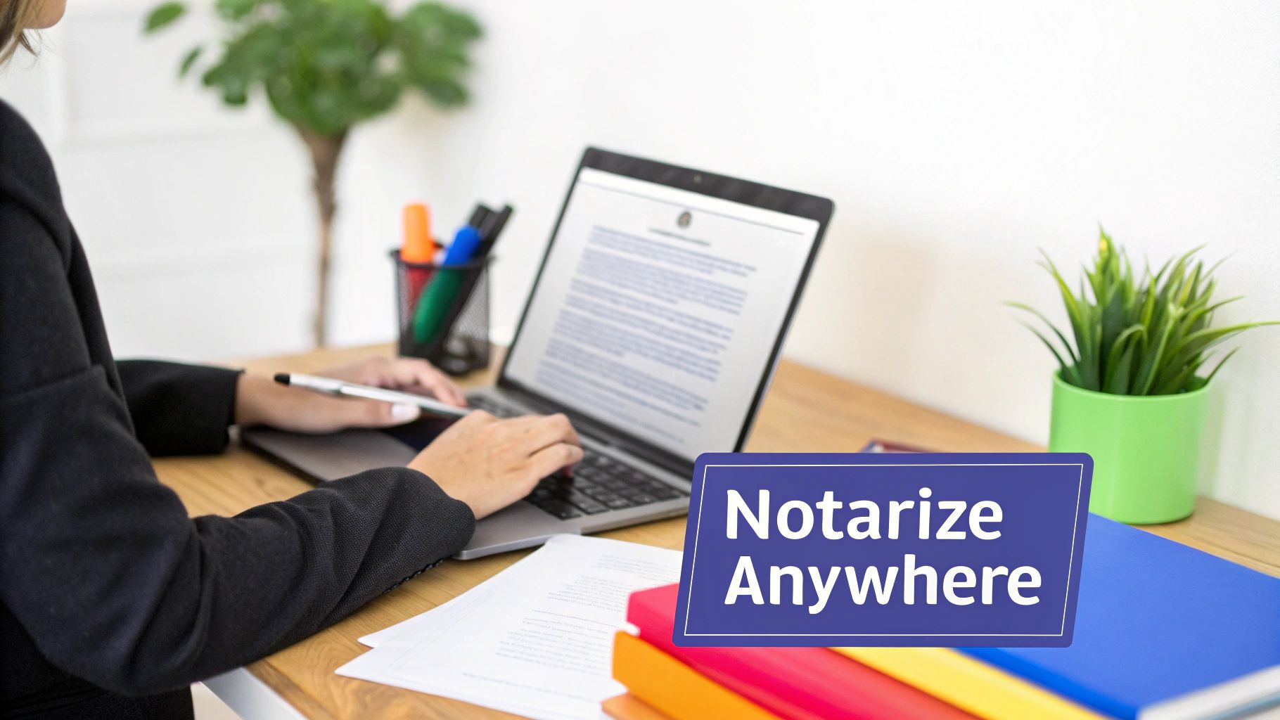 A person sitting at a desk and using a laptop to notarize a document online, with a digital seal icon floating nearby.