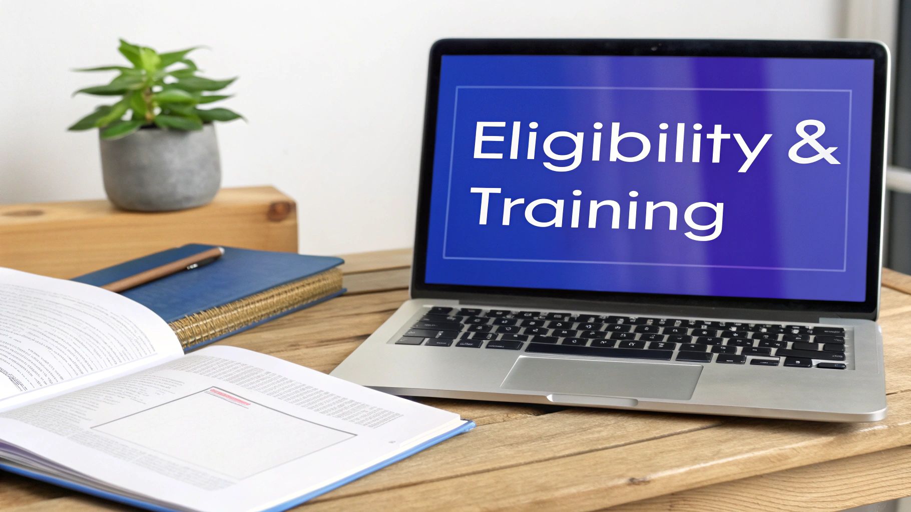 A person studying at a desk with a laptop and notebook, representing notary training.