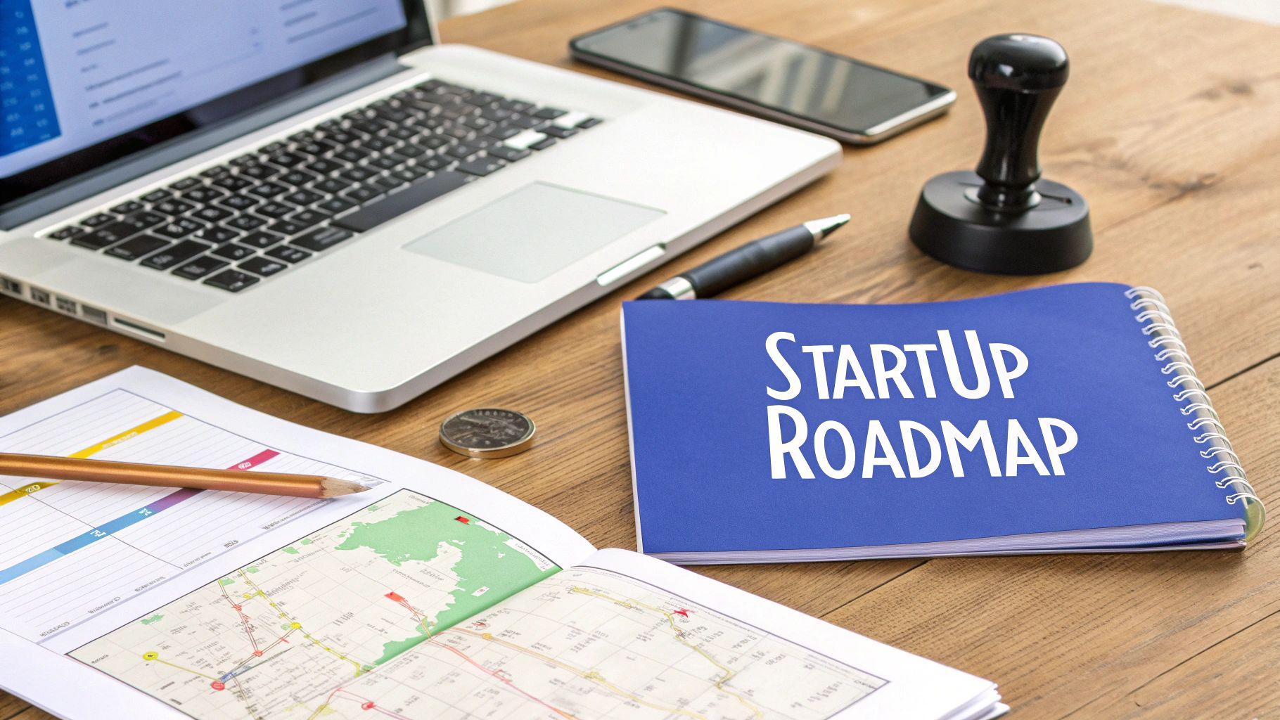 A close-up of a wooden desk with a laptop, smartphone, documents, and a 'STARTUP ROADMAP' notebook, suggesting business planning.