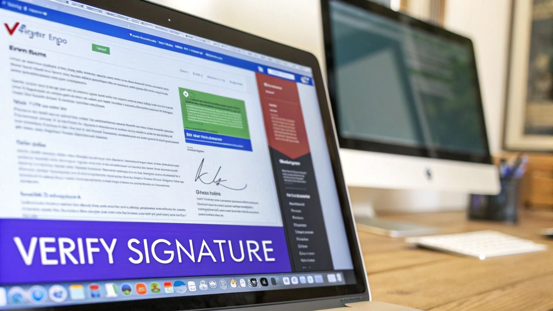 Laptop screen showing a webpage with a digital signature and 'VERIFY SIGNATURE' button.