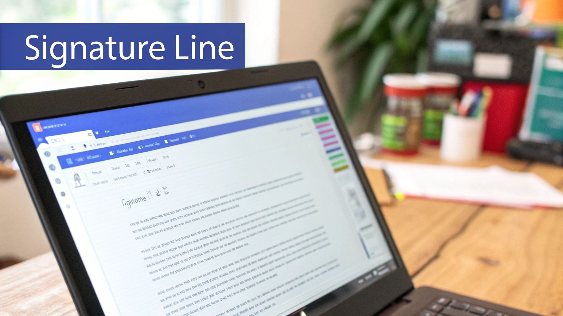 A laptop screen displays a document with a 'Signature Line' title, on a wooden desk with office supplies.