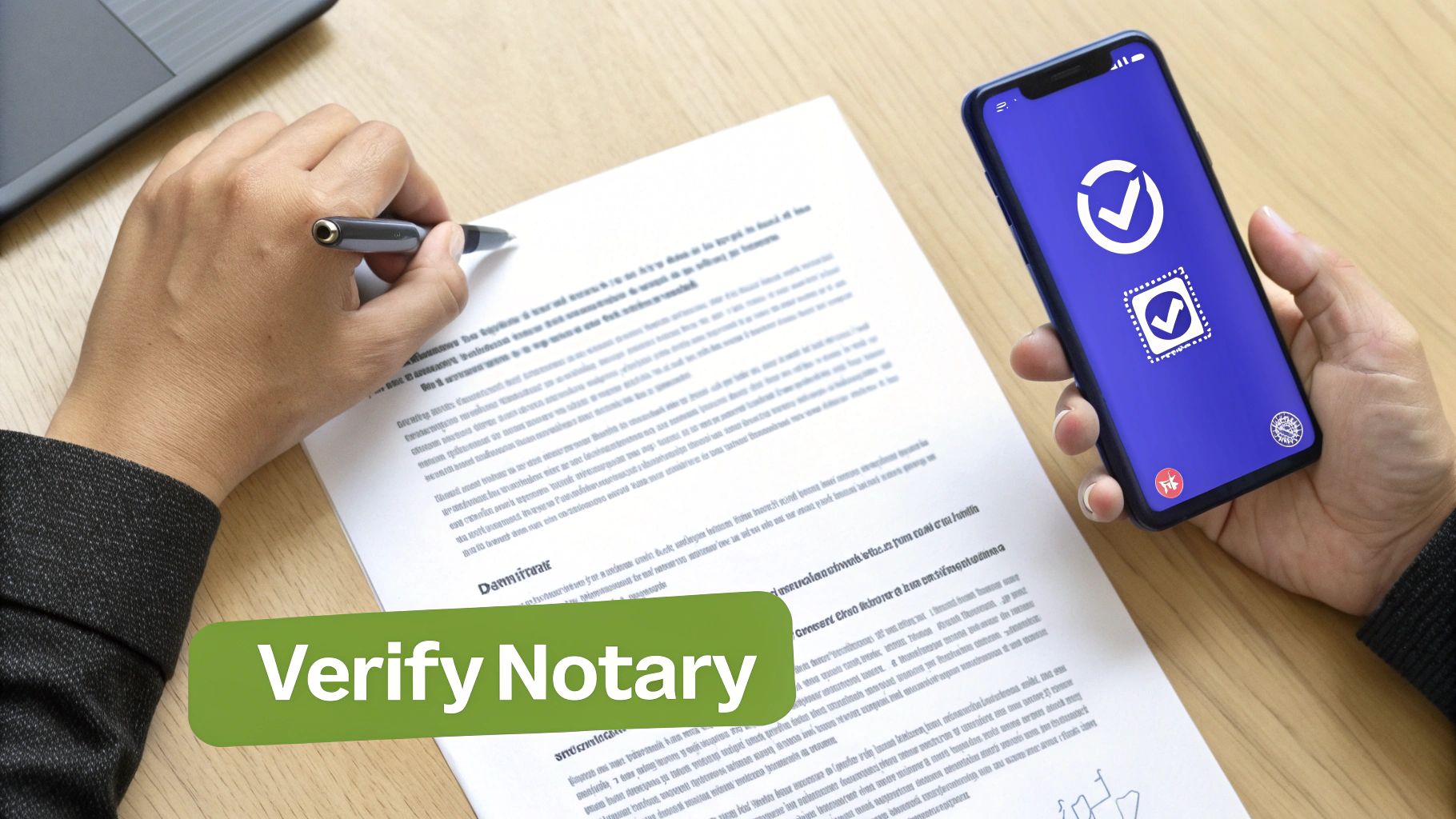A person signs a paper document, while a smartphone screen shows two checkmark icons for verification.