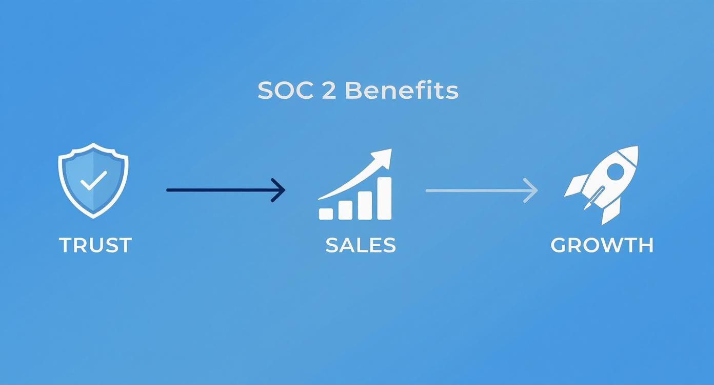 An infographic showing a three-step process of how SOC 2 benefits a business, with icons for Trust, Sales, and Growth.