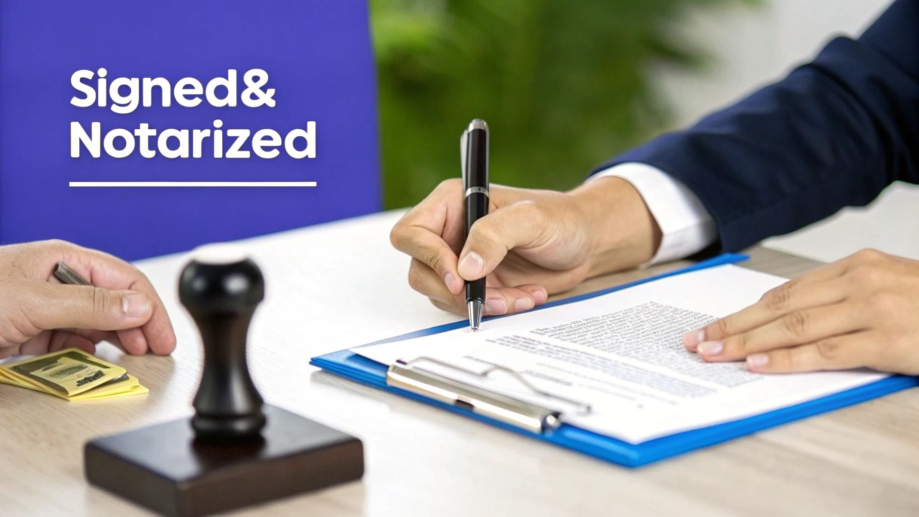 A digital signature being applied to a document on a tablet, symbolizing the modernization of notarization.