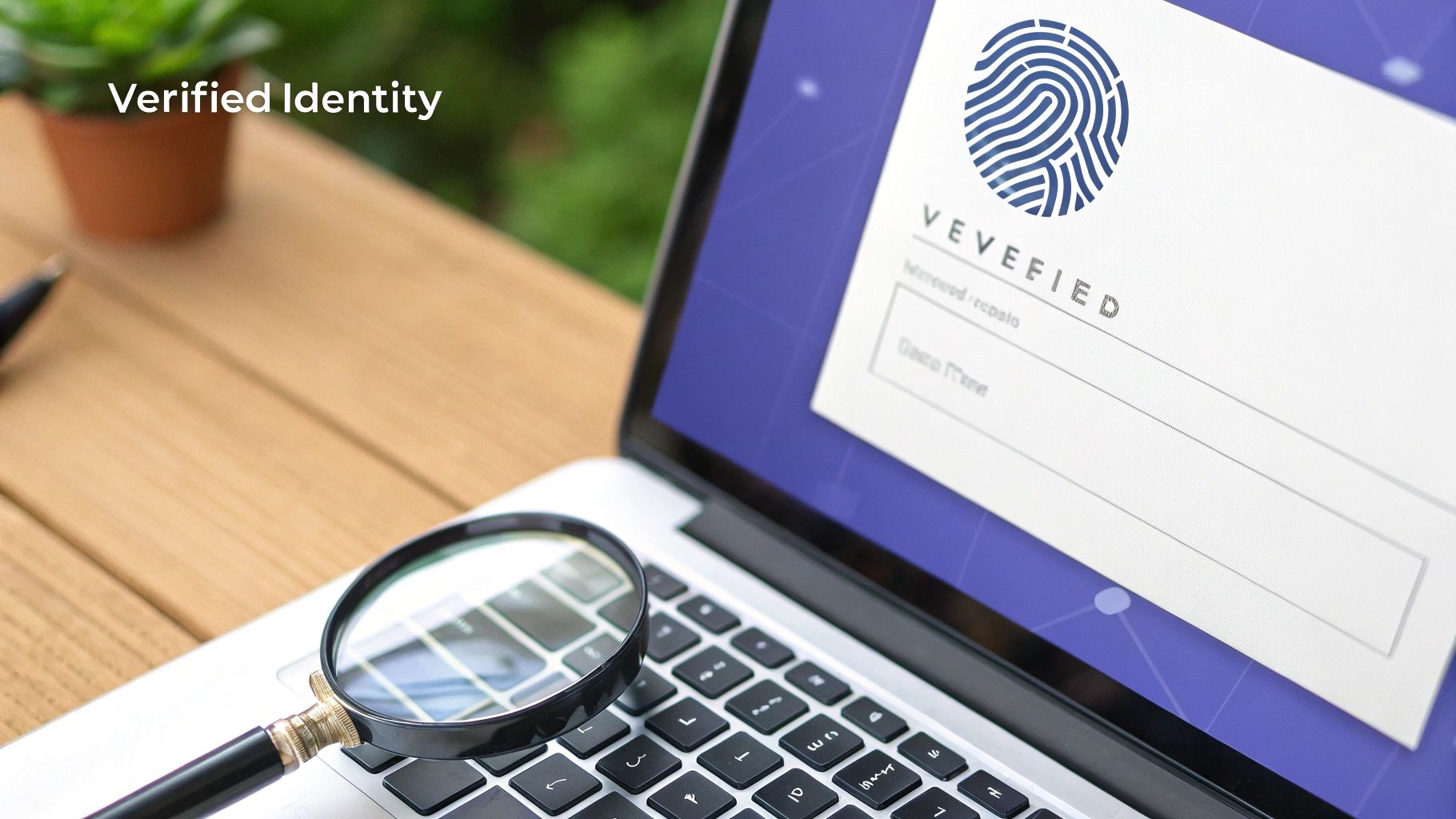 A laptop screen displays a 'VERIFIED' identity interface with a fingerprint icon, a magnifying glass on the keyboard.