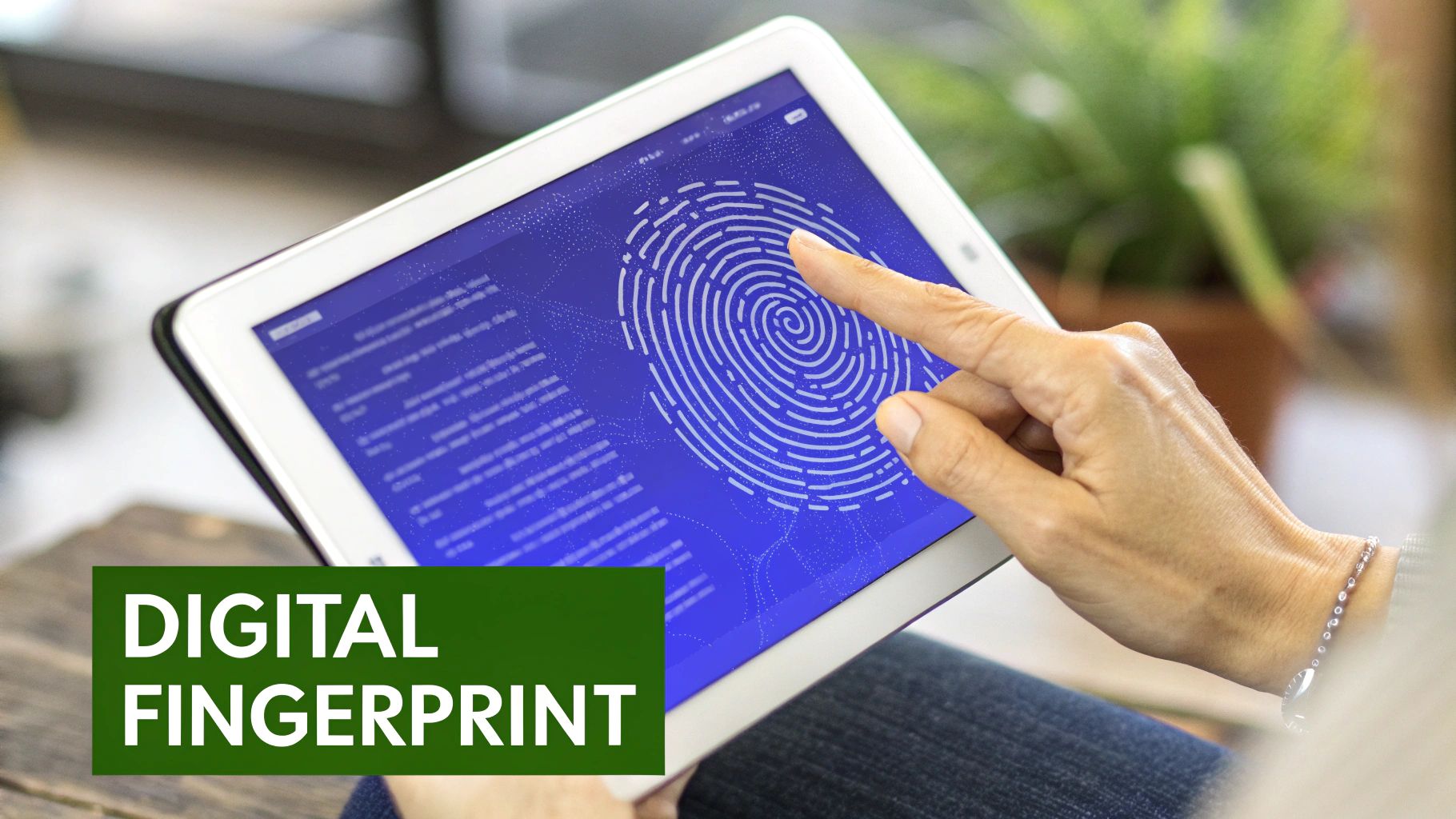 Close-up of a person's hand touching a tablet displaying a large blue digital fingerprint graphic.