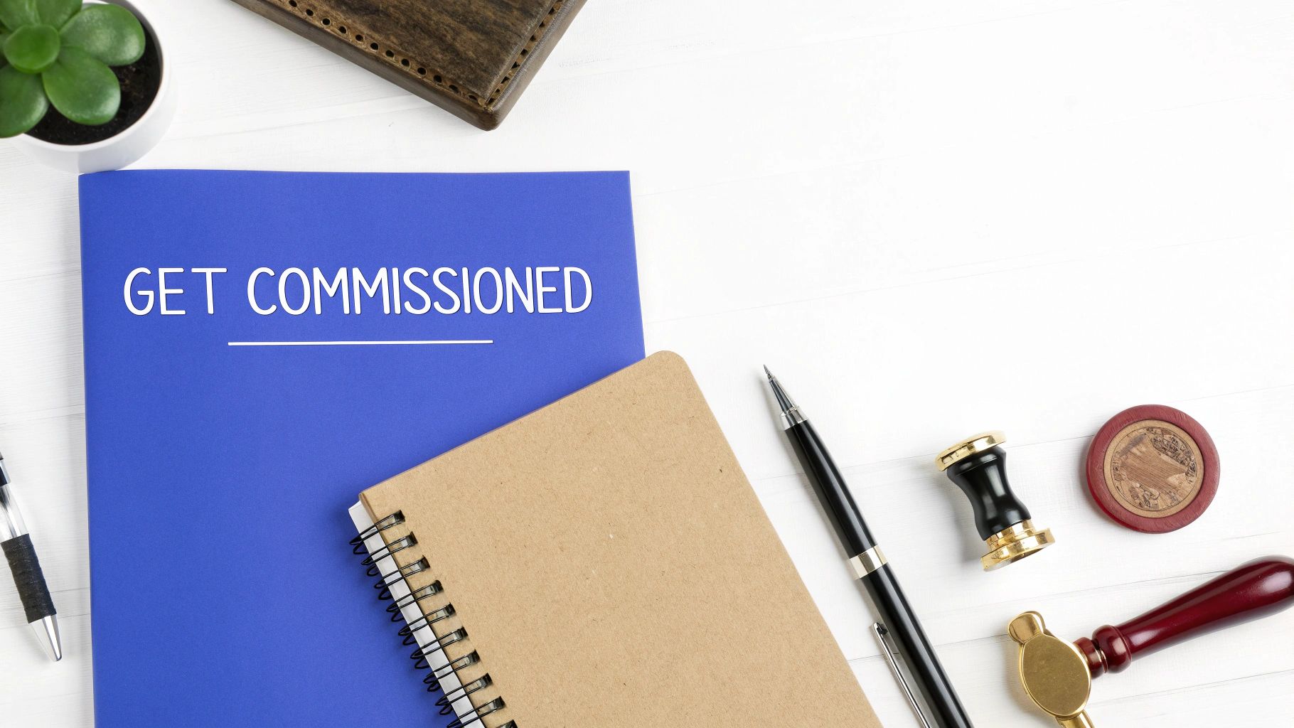 A blue notebook with 'GET COMMISSIONED' on a white desk with notary supplies and a pen.