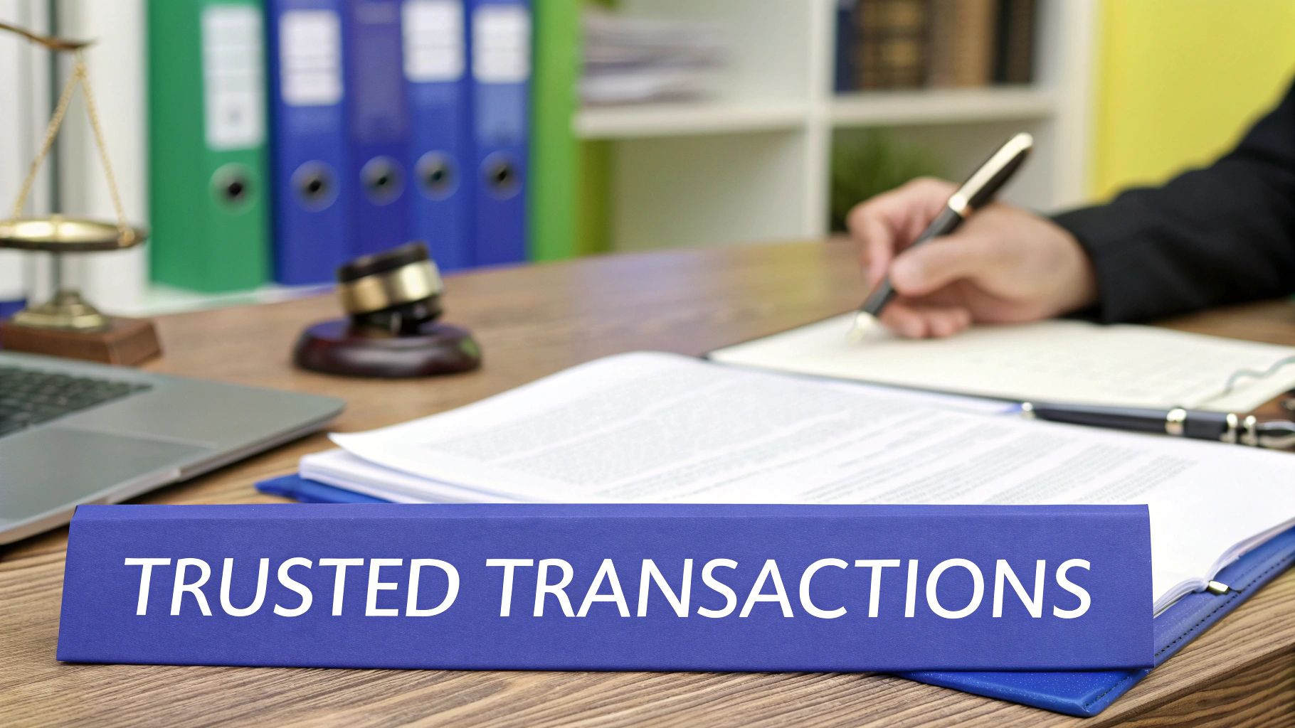 A blue sign saying "TRUSTED TRANSACTIONS" on a desk with a person signing documents, a gavel, and scales of justice.