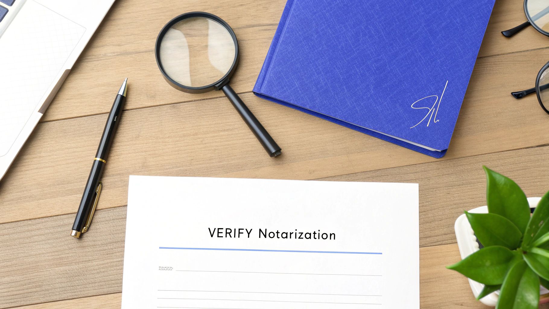 A magnifying glass is held over a notarized document, symbolizing the process of verification and spotting a genuine notarization.