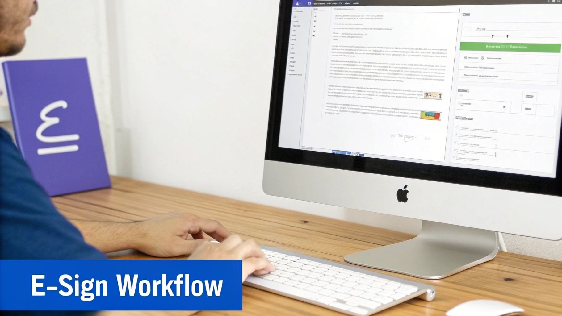 A person works on an Apple iMac computer, processing an e-signature document for a workflow.