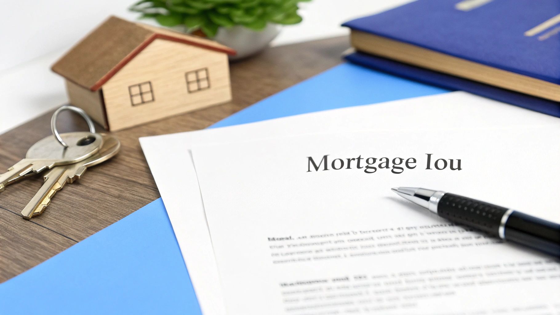 A person signing a mortgage promissory note document at a desk with a laptop and coffee.