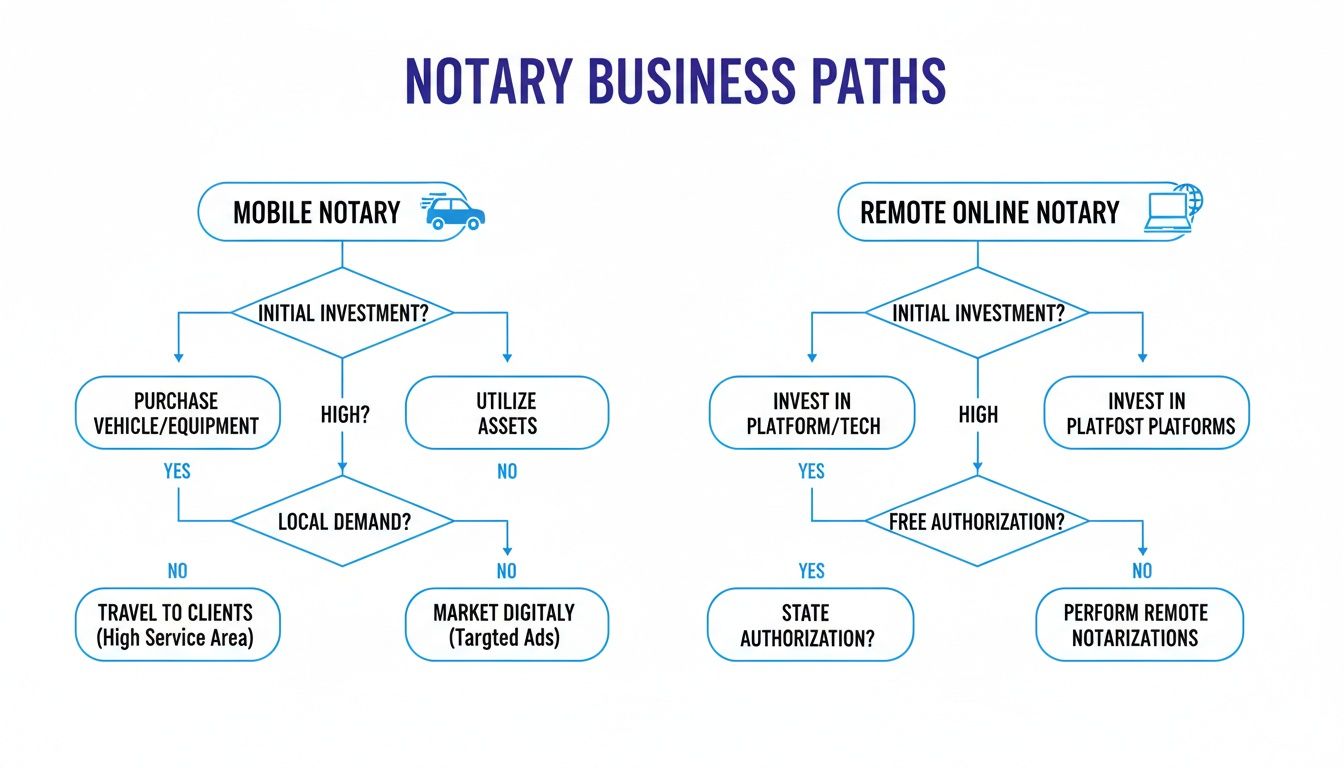 Flowchart comparing business paths for mobile and remote online notary services, detailing investment and market decisions.