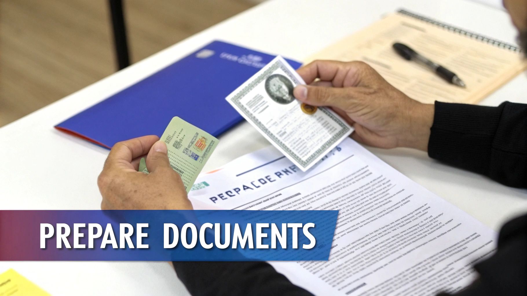 Close-up of hands holding various official documents and certificates on a table, with 'Prepare Documents' text.