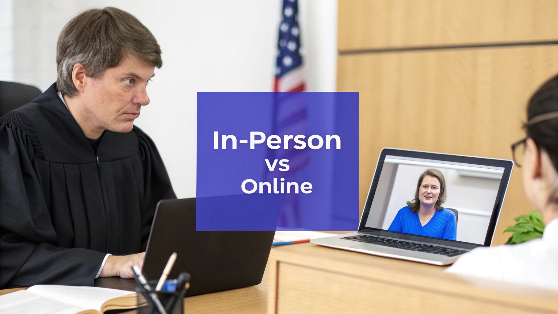A laptop screen shows a person on a video call with a notary, illustrating remote online notarization.