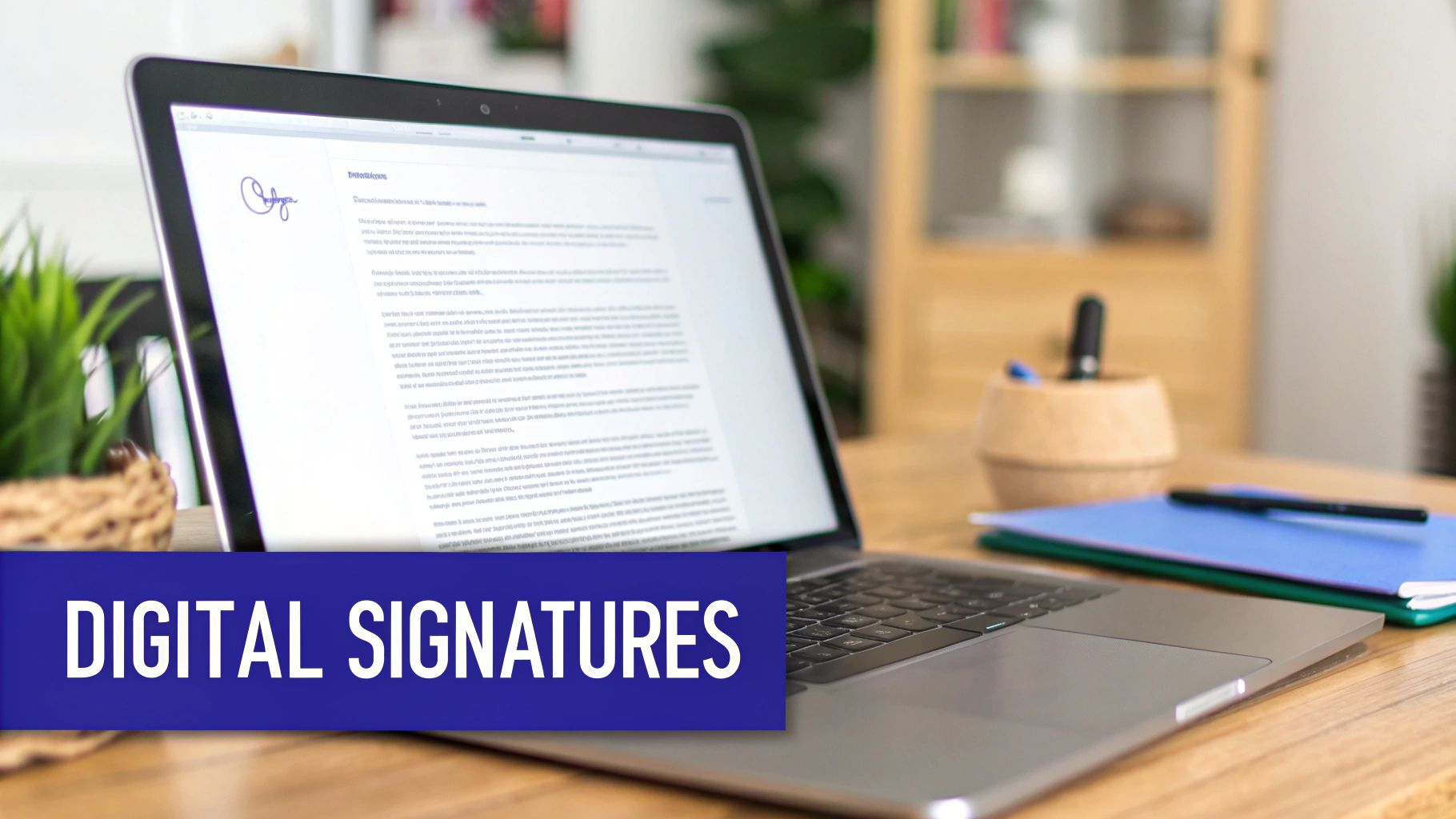 A laptop displays a document with a digital signature on a desk, illustrating digital signatures.