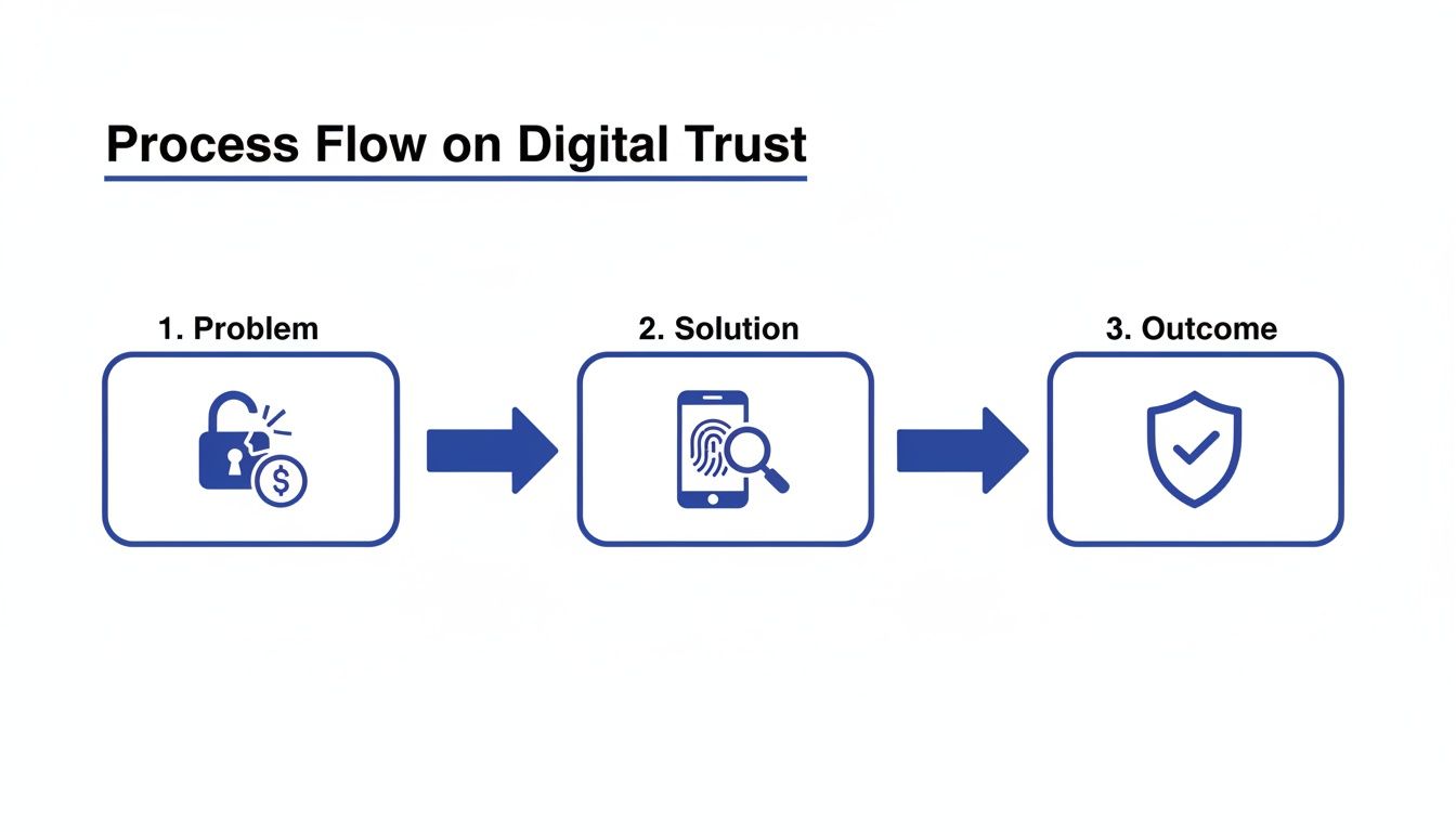 A process flow diagram illustrates the journey from digital trust problems to secure outcomes.
