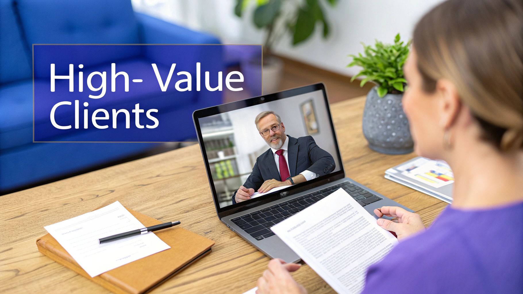 A focused professional reviewing legal documents on a desk with a laptop and notary seal.