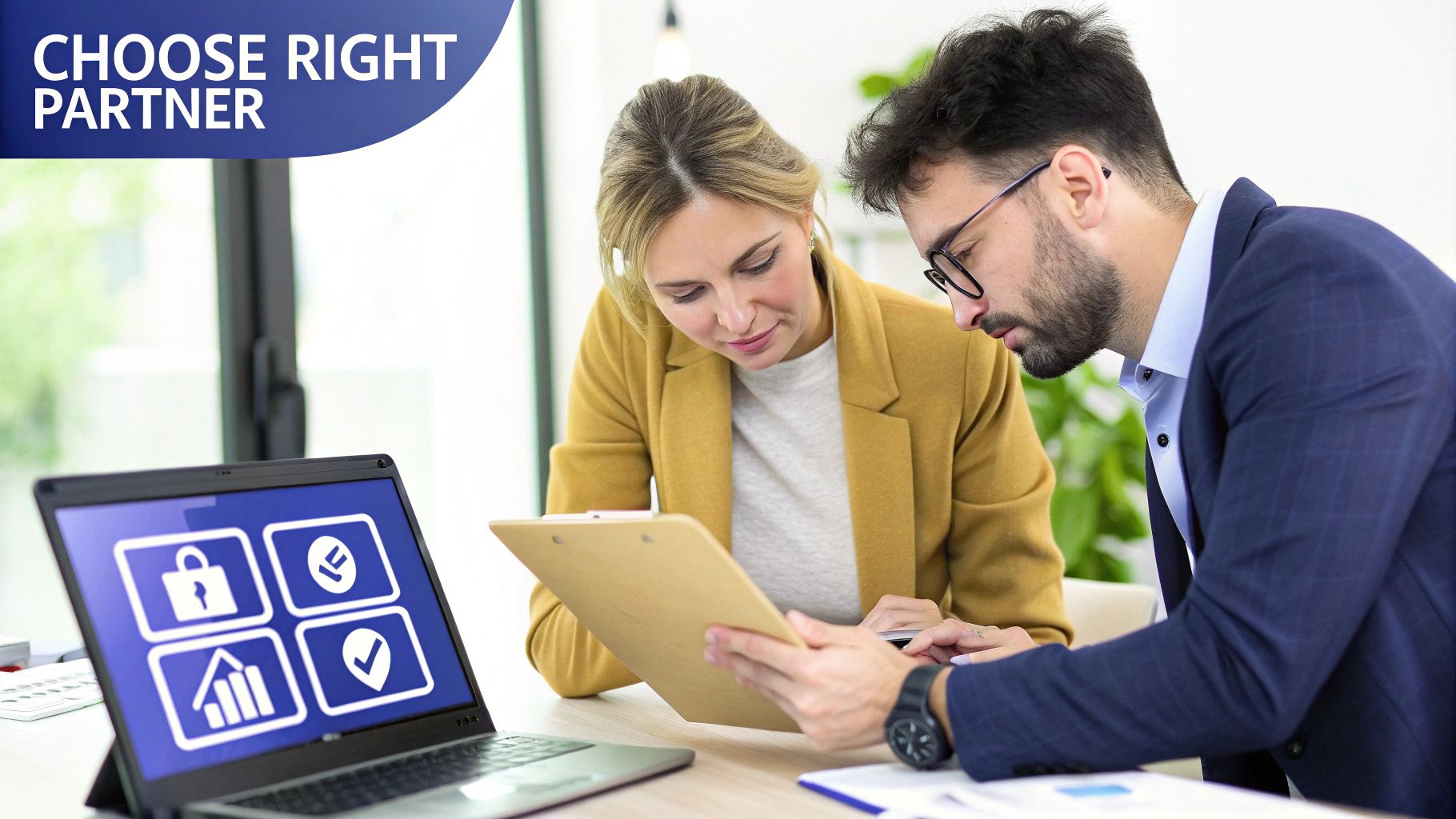 Two business partners discuss documents while looking at a laptop displaying identity verification icons.