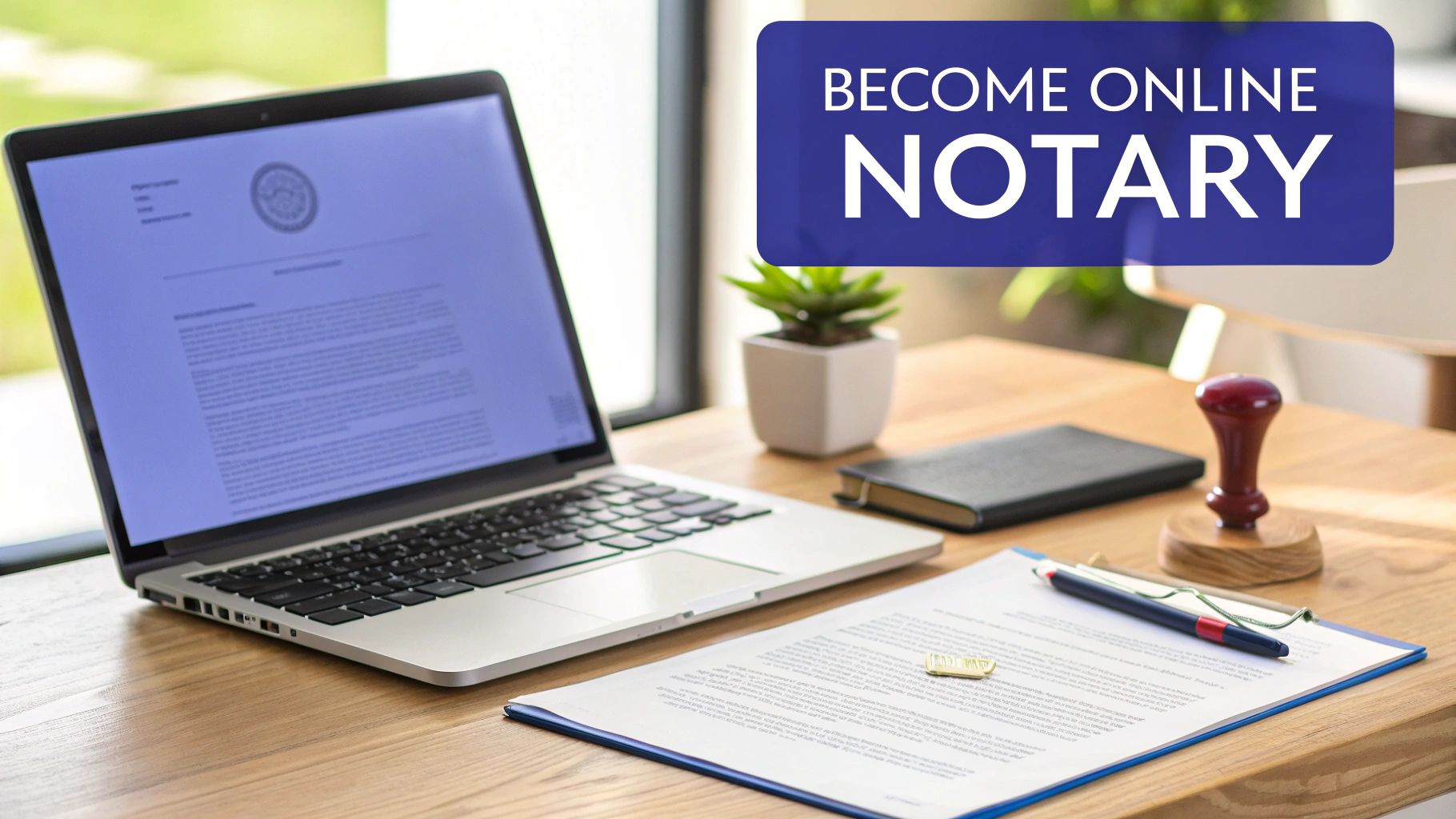 Laptop displaying notarized document on desk with stamp, notebook, and become online notary text overlay