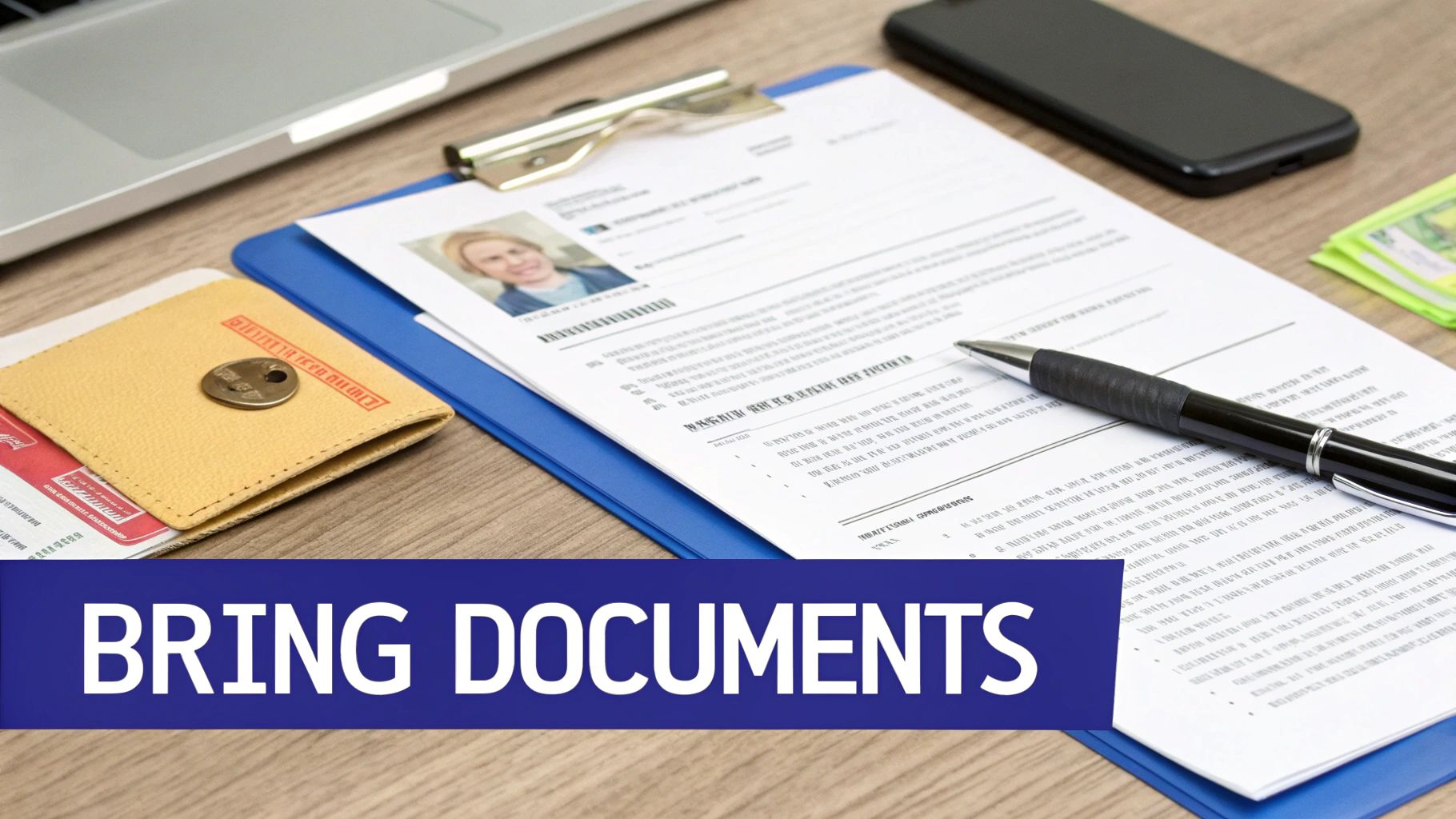 A desk with a laptop, smartphone, pen, and a document on a clipboard. A blue banner says 'BRING DOCUMENTS'.