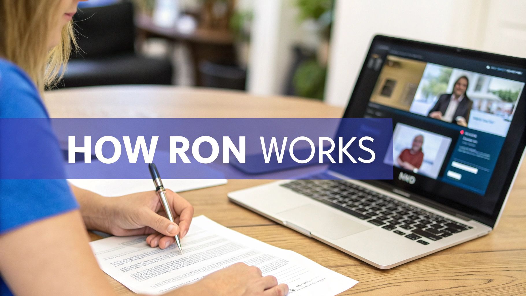 A person using a laptop for a remote notarization session, with a secure connection icon.