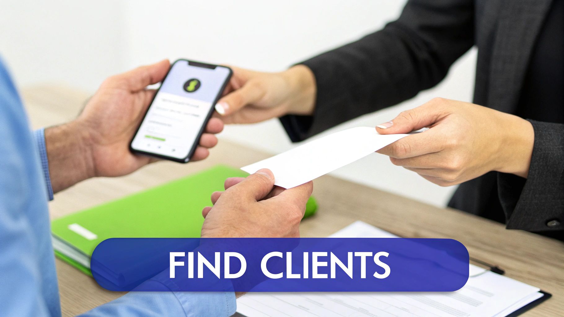 Two business people exchange a smartphone with an app and a blank white card, symbolizing client engagement.