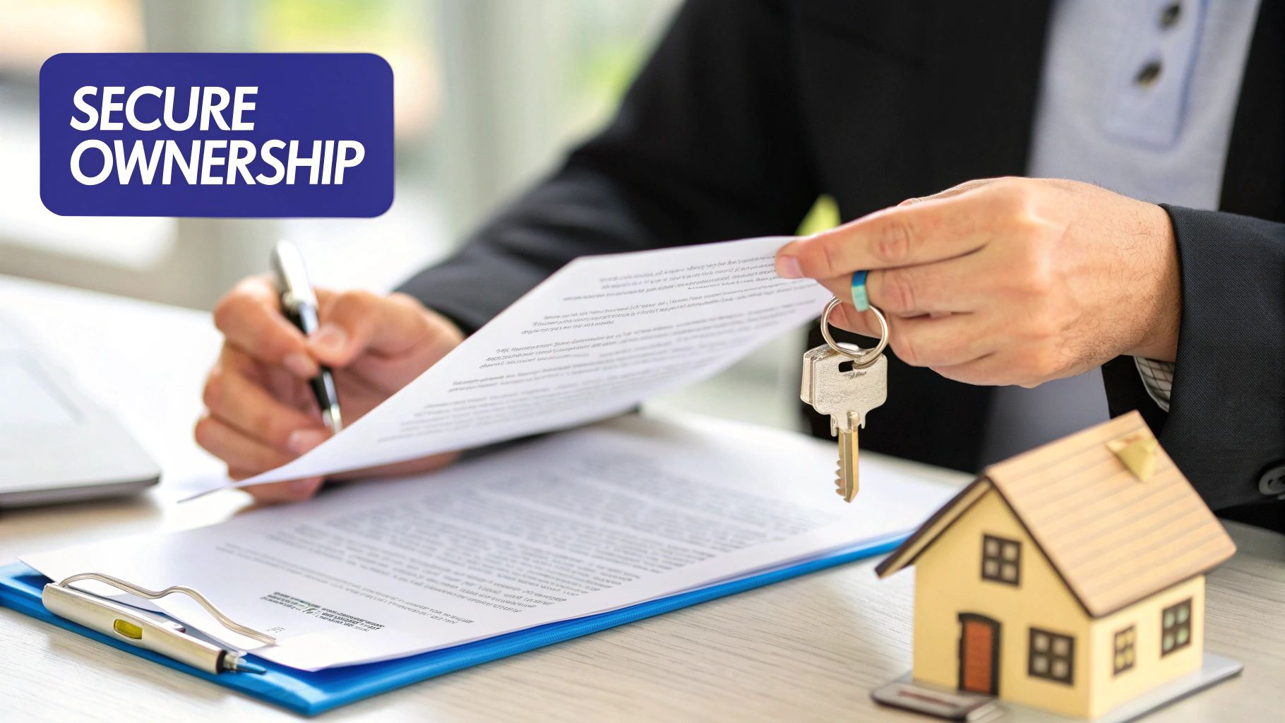 A person signing real estate documents and holding house keys, with a miniature house and 'SECURE OWNERSHIP' text.