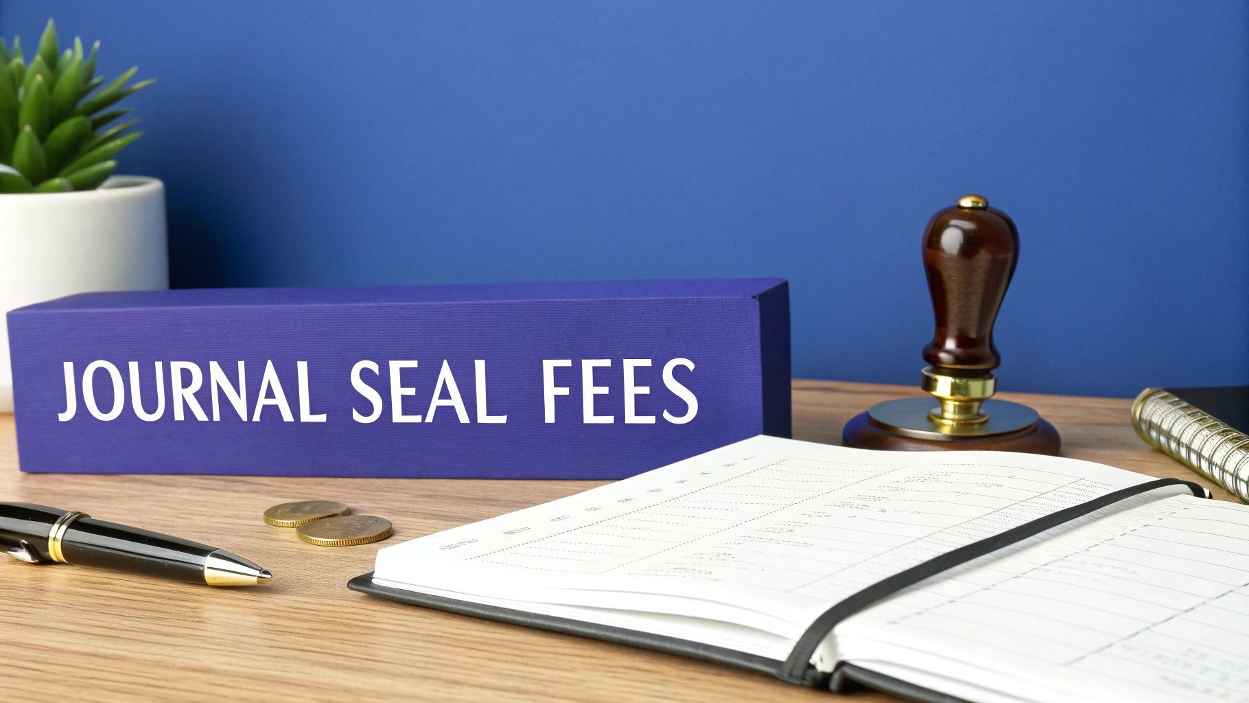 Journal seal fees sign on desk with notary stamp, ledger, and pen for legal documentation