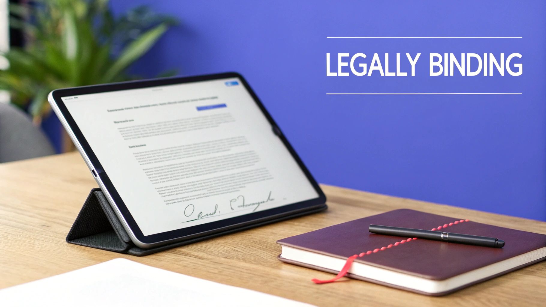A tablet displays a legally binding document with an electronic signature on a wooden desk.