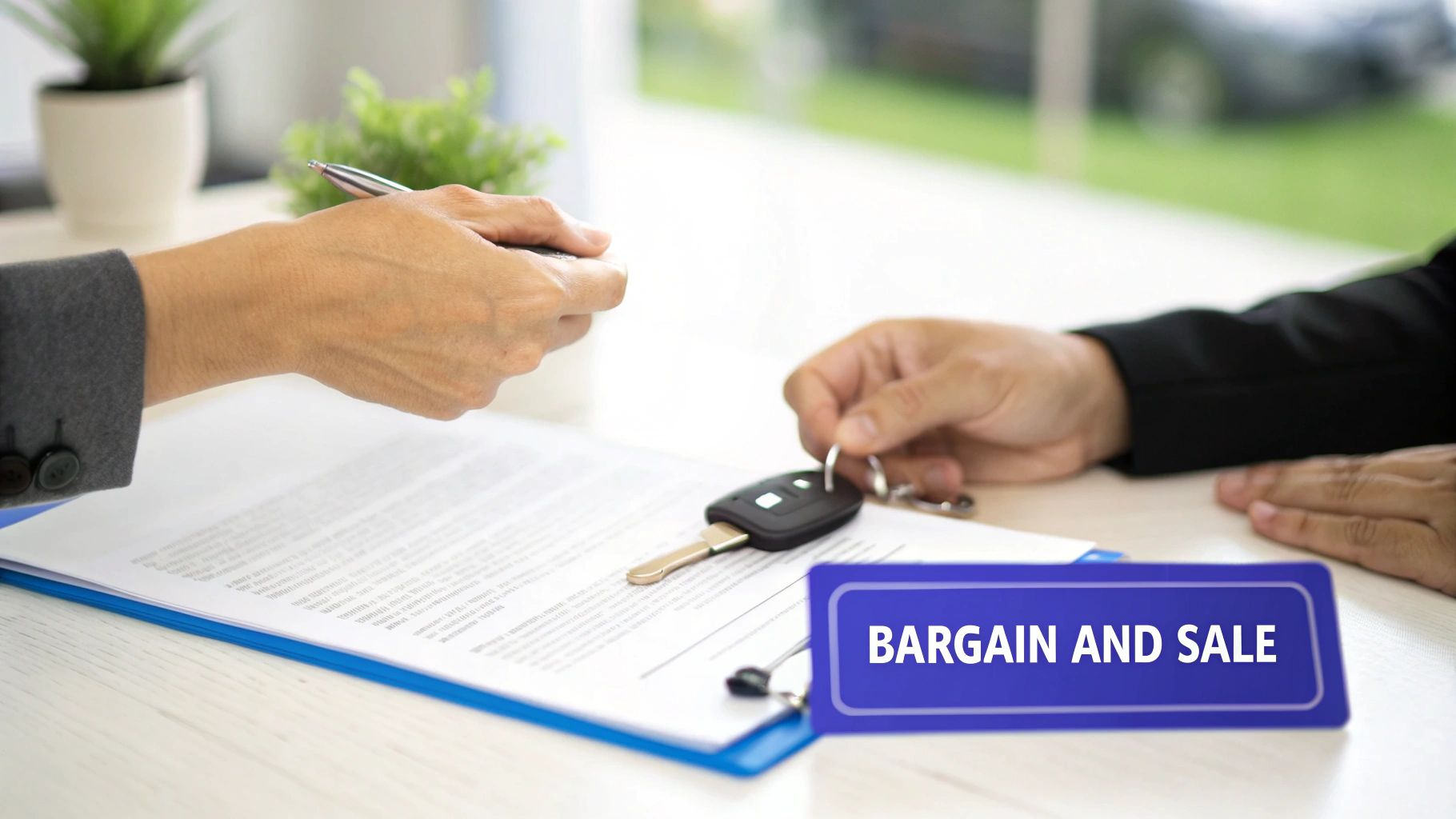 A person's hand signing a legal deed document on a wooden desk.
