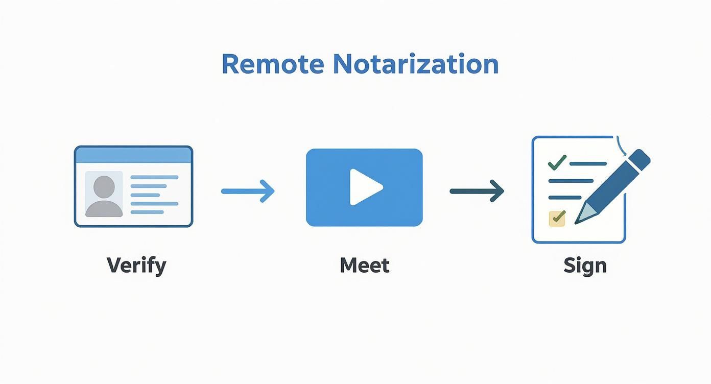 Infographic showing the three steps of online notarization: Verify, Meet, and Sign.