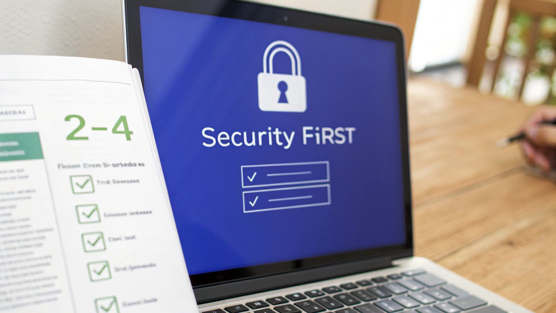 Laptop displaying Security First message with padlock icon and checklist beside cybersecurity requirements document