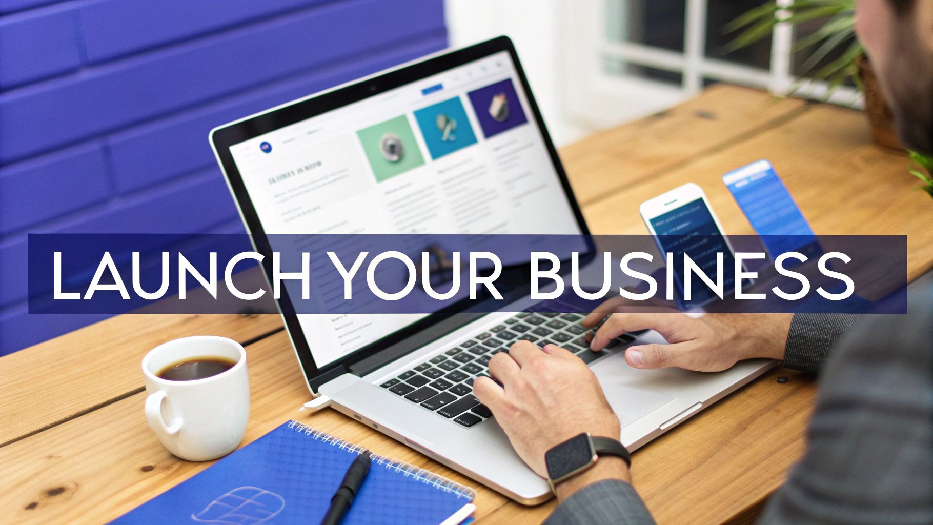 Person typing on laptop at wooden desk launching online business with coffee and smartphone