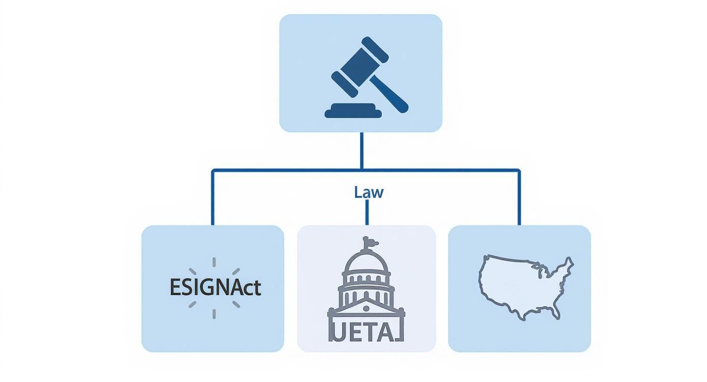 Diagram illustrating US electronic signature laws, showing ESIGN Act, UETA, and their nationwide application.