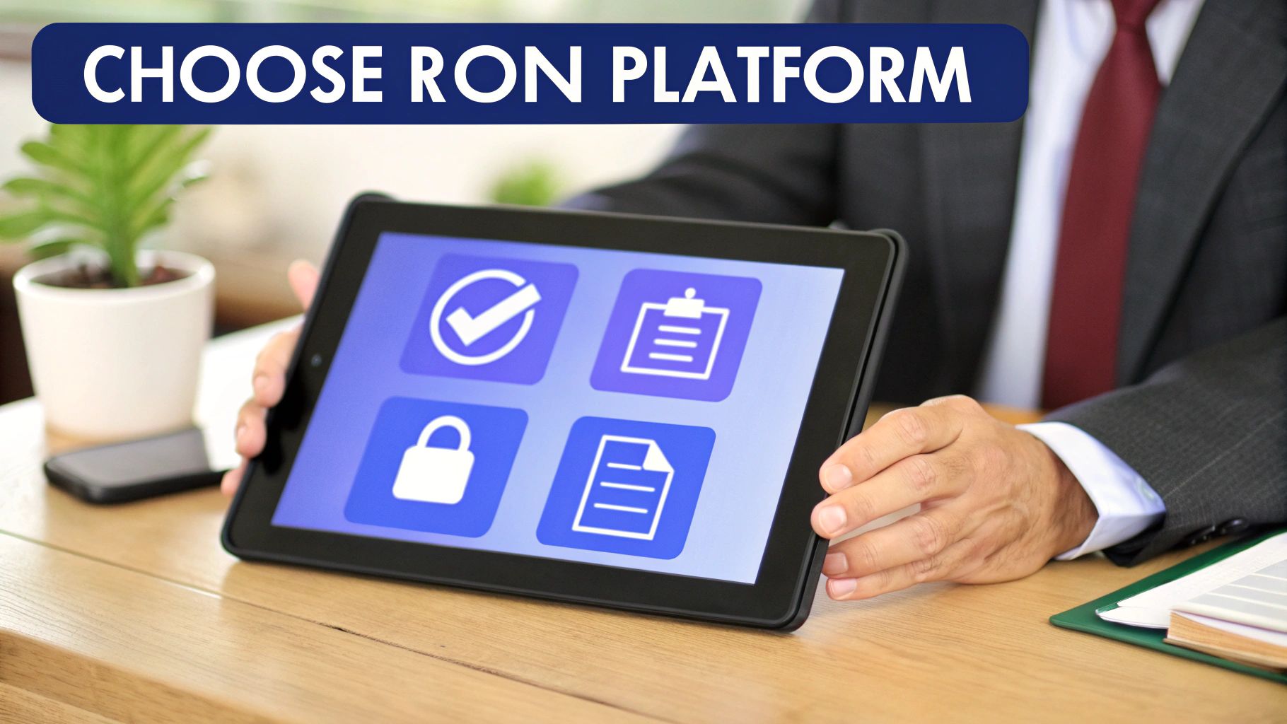A person holds a tablet displaying icons, promoting the 'CHOOSE RON PLATFORM' for digital notarization and secure transactions.