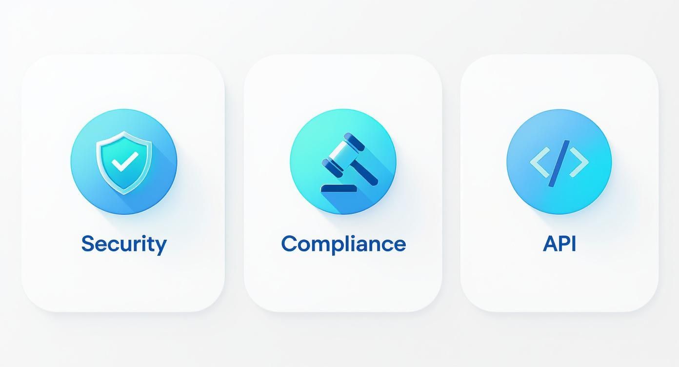 Three circular icons representing security with shield, compliance with gavel, and API with code brackets