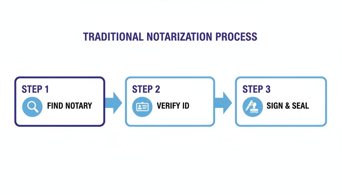 An infographic detailing the traditional notarization process in three steps: Find Notary, Verify ID, and Sign & Seal.