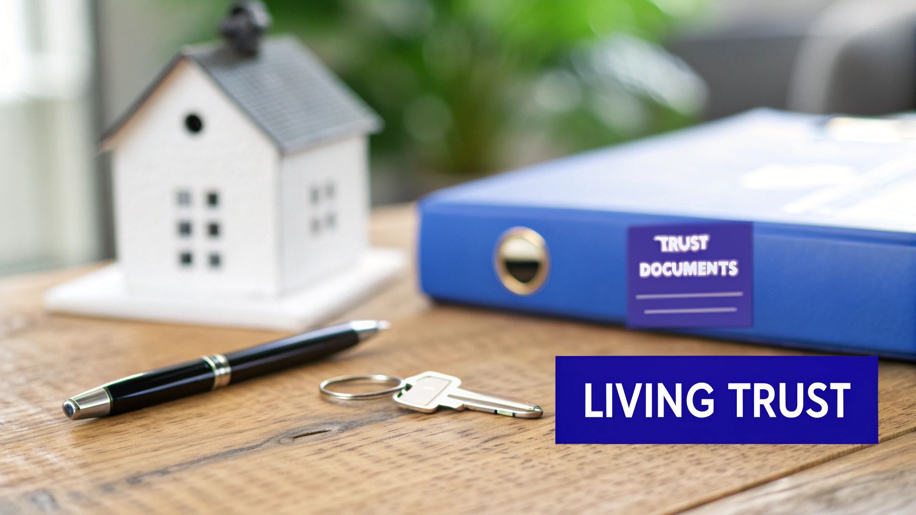 Miniature house, blue 'TRUST DOCUMENTS' binder, pen, and key on a table, symbolizing a living trust.